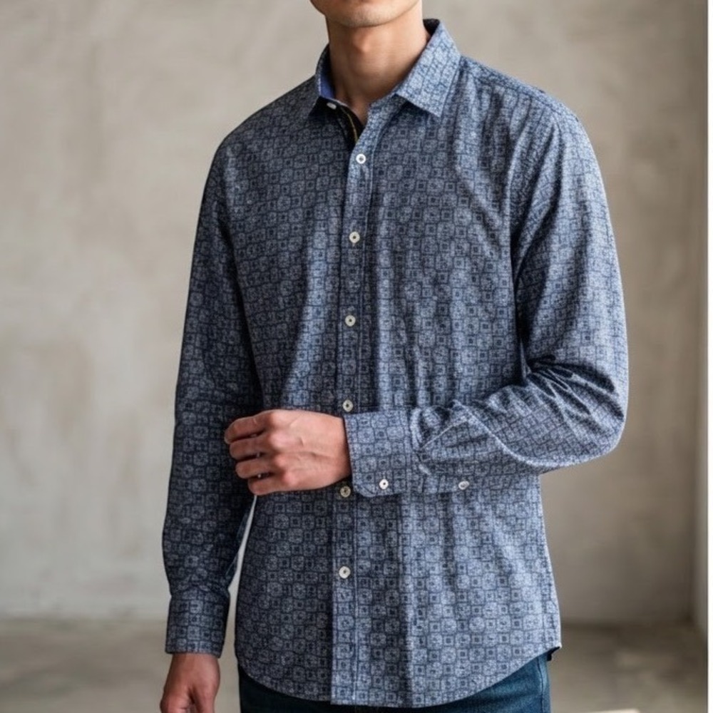 Bugatchi Button Down Mens XL Blue Geometric Optical Print Classic Fit Cotton